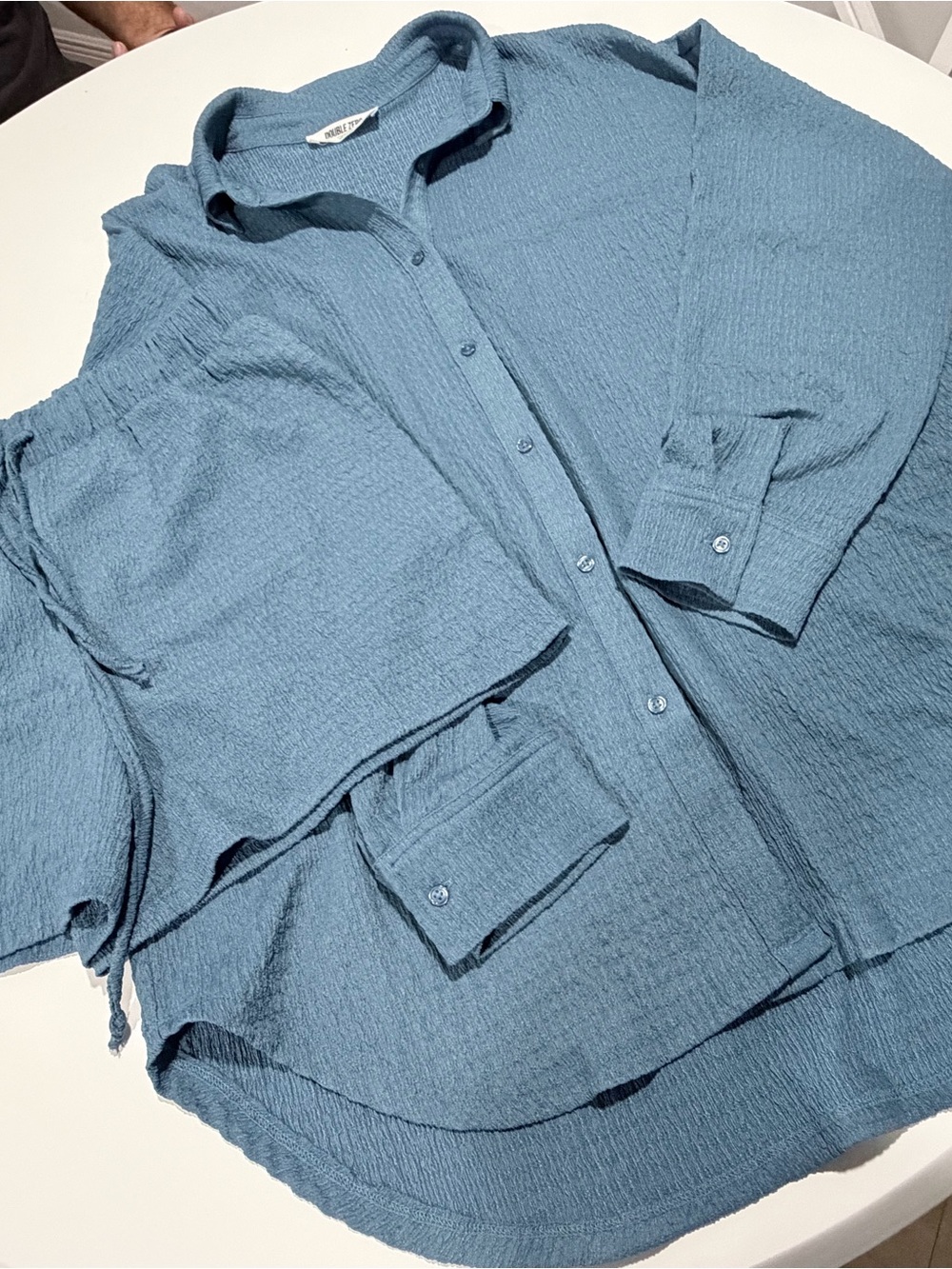 Double Zero Light Blue Textured Button-Down Shirt and matching shorts